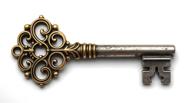 Detailed ornate antique skeleton key, high-resolution, isolated on white