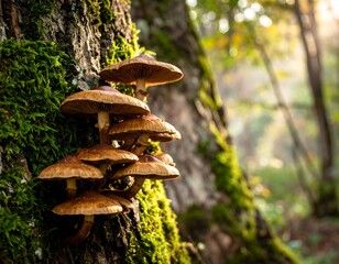 Cluster of mushrooms on mossy tree trunk in forest