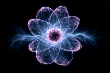 Glowing atomic symbol with Kirlian energy aura, abstract science and energy concept background.