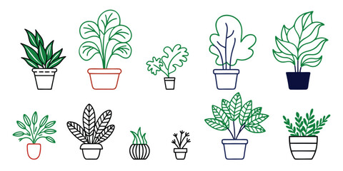 Collection of potted houseplants in minimalist line art style