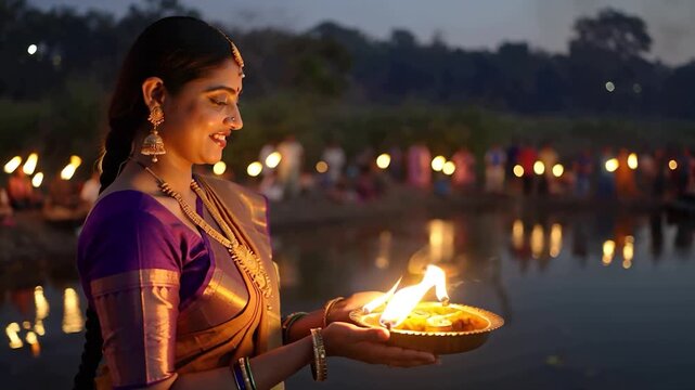 Beautiful woman celebrating traditional Indian festival, offering prayers with fire near water, creating serene and culturally rich atmosphere