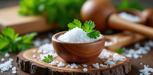 Coarse sea salt in a wooden bowl with fresh parsley garnish