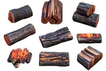 Set of burning firewood logs isolated on transparent background