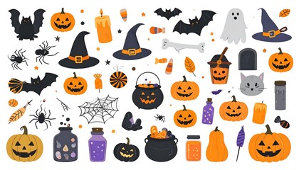 Fototapeta premium A collection of colorful Halloween-themed illustrations, including pumpkins, bats, spiders, witches' hats, and ghosts, displayed on a white background.