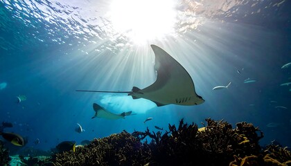 An underwater scene showcases a graceful ray gliding through sunlit waters, other marine life swims around coral