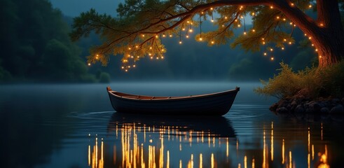 Serene canoe on misty lake under enchanted tree lights