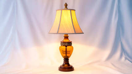 Detailed product photo, traditional table lamp, bell-shaped cream fabric