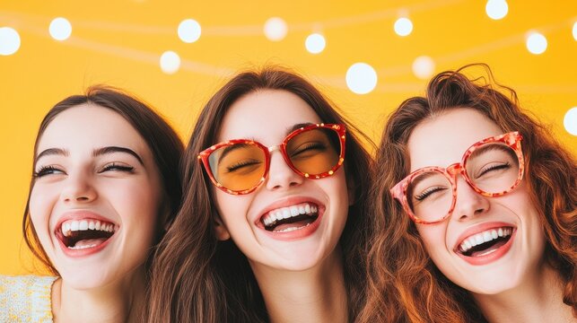 Three Young Women Laughing Together with Colorful Sunglasses