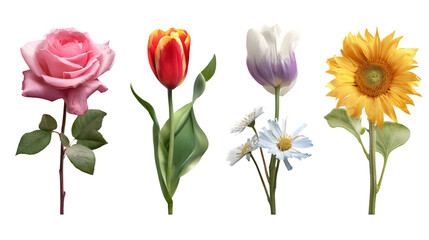 Collection of four different flowers including rose tulip daisy and sunflower isolated on transparent background