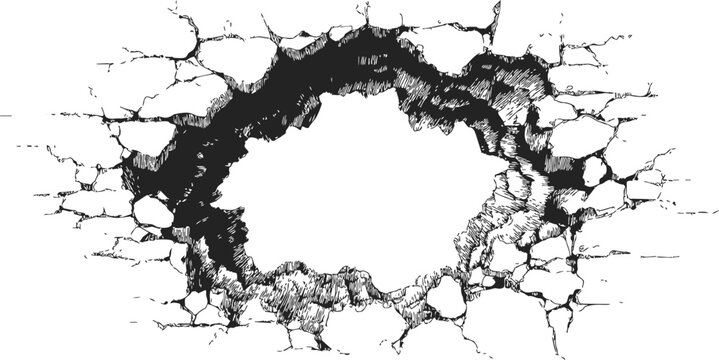 Cracked wall sketch, hand drawn hole with broken concrete texture &mdash; stock vector