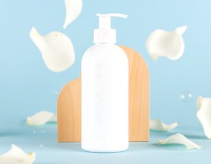 White bottle, rose petals, light blue
