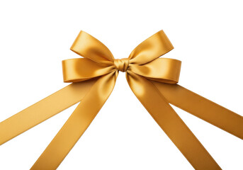 Fototapeta premium Elegant, shimmering golden satin ribbon bow with soft folds, extending diagonally on transparent background with copy space, concept of luxury and celebration