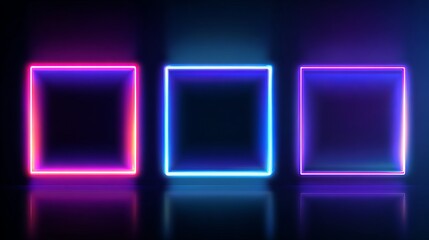 Square neon frame collection glowing borders in blue pink purple violet futuristic graphic element for social media