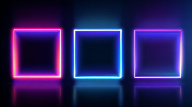 Square neon frame collection glowing borders in blue pink purple violet futuristic graphic element for social media