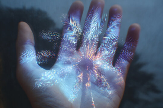 High-tech biometric palm scanner with holographic aura glow, modern security technology background.