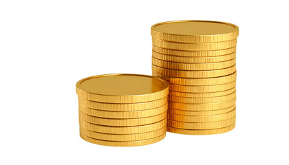 Gold coins glitter with polished surfaces on a transparent background, ideal for digital finance and branding designs.