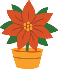a red poinsettia flower in a yellow pot, with vibrant petals and green leaves.