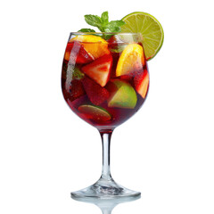 glass of sangria filled with ice and colorful fruit slices, isolated on transparent background