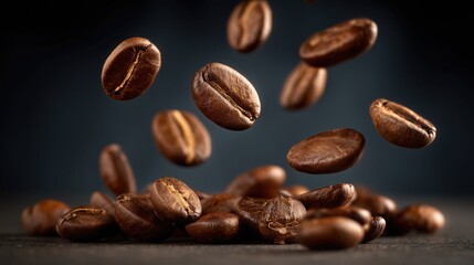 Roasted coffee beans in mid-air motion with a pile of beans on dark background, showcasing rich texture and warm tones, ideal for wallpaper, poster, or coffee shop design inspiration