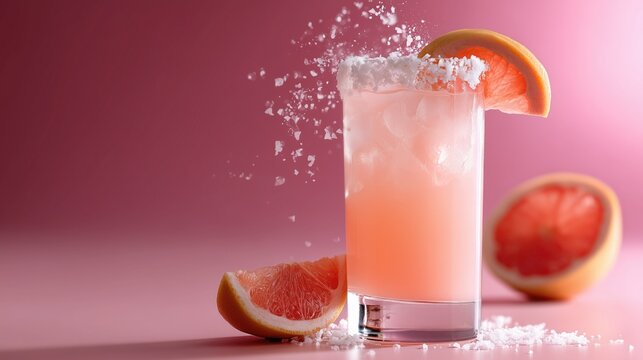 Pink grapefruit cocktail in glass with salted rim, ice, and fresh fruit slices, featuring salt splash against pink background, ideal for wallpaper, poster, or summer beverage design inspiration.