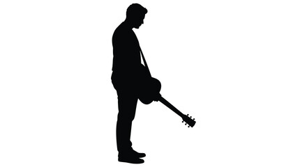 Silhouette of a man standing with a guitar in profile view