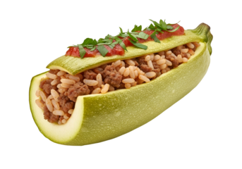 A lengthwise sliced zucchini, filled with a savory mixture of seasoned rice and ground meat, topped with a drizzle of tomato sauce and fresh herbs.