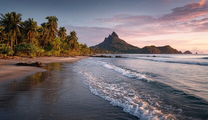 Tropical beach at sunrise. Lush vegetation, palm trees frame a dark sand beach meeting the ocean. A dramatic mountain peak rises above