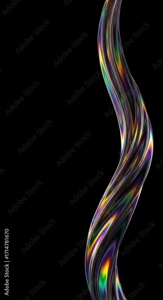 Poster an abstract 3d render of a twisted liquid glass shape with vibrant, iridescent rainbow reflections. 