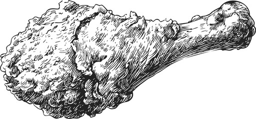 Fried chicken drumstick sketch, hand drawn crispy meat detailed illustration &mdash; stock vector