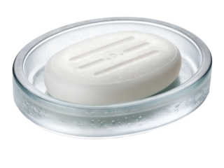 Soap on soap dish isolated on transparent background in studio