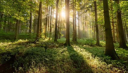 Obraz premium Sunlight Filtering Through Lush Green Trees In Tranquil Forest