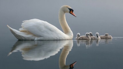 Naklejka premium there is a serene scene of wildlife set against a misty background. a family of swans is prominently featured, floating peacefully on a calm body of water