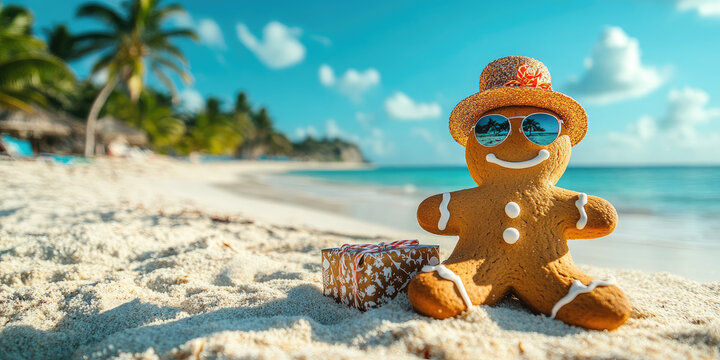Gingerbread man with santa hat and sunglasses is relaxing on a tropical beach with christmas decorations and a refreshing cocktail, enjoying christmas vacation