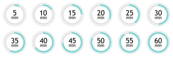 Set of circular countdown timer icons from 5 to 60 minutes. Timer, clock, stopwatch and cooking time icon set. 5, 10, 15, 20, 25, 30, 35, 40, 45, 50, 55, 60 minutes. Isolated vector illustration.