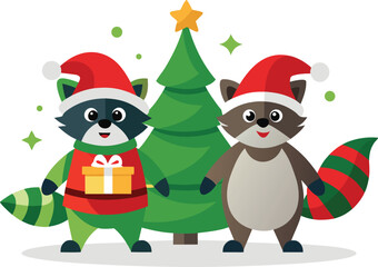 Two cute raccoons wearing santa hats with a christmas tree