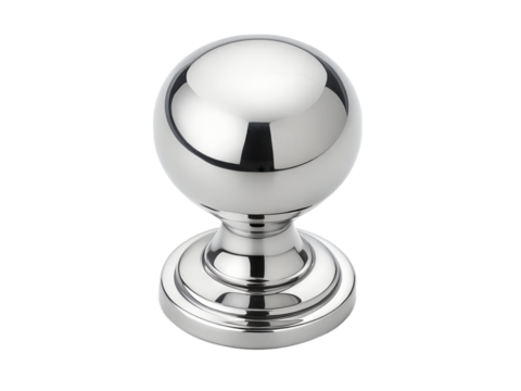 Closeup of a shiny silver cabinet knob isolated on transparent background