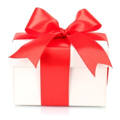 White gift box with red ribbon