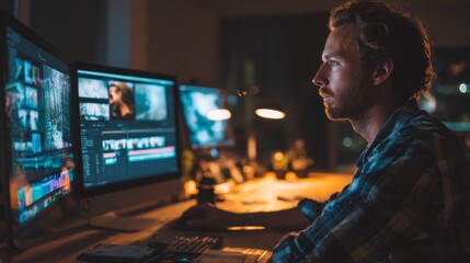 a man engrossed in his work at a desk equipped with various computer monitors and editing software, surrounded by multiple screens displaying video content and possibly social media interfaces