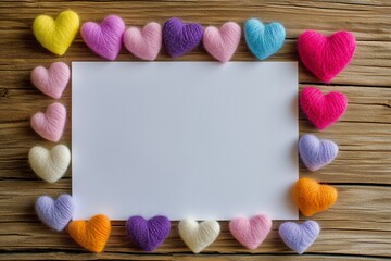 Colorful Felt Hearts Frame Blank Paper on a Wooden Table for Crafting or Messages.