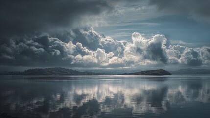 Fototapeta premium a serene landscape of an island under a cloudy sky. a small village is nestled along the water's edge, with a few houses visible