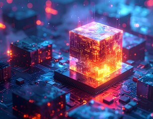 A glowing cube on a circuit board