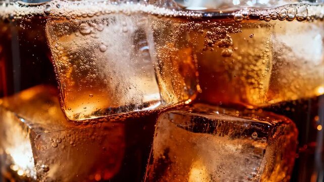 Refreshing fizzy beverage with ice cubes and condensation bubbles, macro close-up shot for summer refreshment concept, drink photography