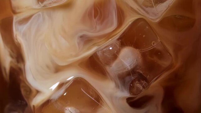 Close-up of Cold Brew Coffee with Ice Cubes and Cream Swirling - Refreshing, Iced Beverage, Macro Shot, Brown and White Colors, Cool Drink