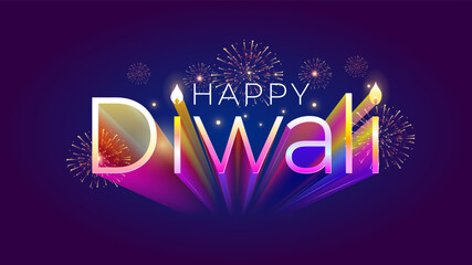 Happy Diwali postcard. Festive neon lights, candles and fireworks background with 3d creative logotype design.