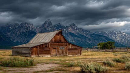 an isolated rural setting with a dilapidated wooden barn and an old log cabin in the foreground, surrounded by dry grasses
