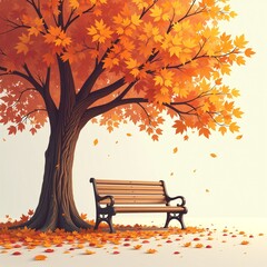 Cozy autumnal scene with wooden bench under vibrant orange maple tree, falling leaves, and scattered foliage on ground, ideal for seasonal marketing campaigns, social media posts