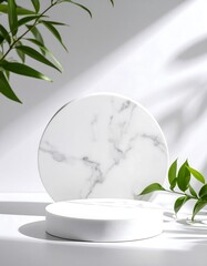 White marble podium with foliage