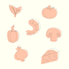 Hand-Drawn Organic & Line Art Pizza Ingredients Vector Set: Shrimp, Leaf, Cheese, Tomato, Bell Pepper, Mushroom & Onion Illustrations.