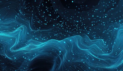 Abstract swirling lines and glowing points in dark blue