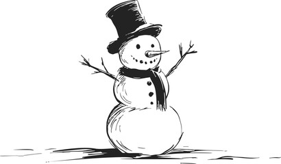 Snowman sketch hand drawn with top hat scarf and stick arms — stock vector